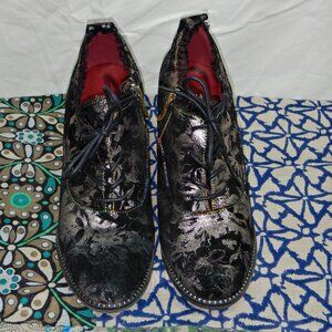 Spring Step by L'artiste Genuine Leather Black and Silver Floral Booties
